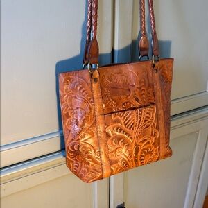 Patricia Nash Cognac Tooled Leather Tote with Braided Straps